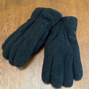 Black fleece heavy/thick Mens Lg gloves. Leather palm&thumb grips. Great cond.